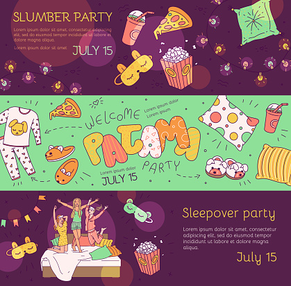 istock Slumber pajama party banner set - cartoon girls and cute objects 1210809621