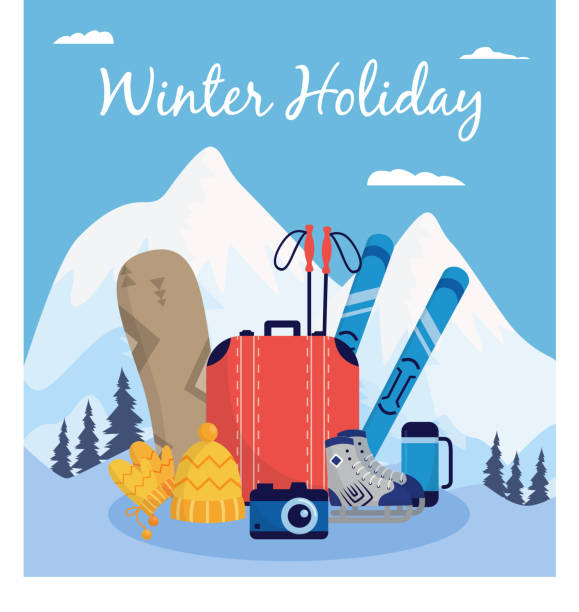 istock Winter holiday poster - extreme sport equipment on snow mountain background 1210812014