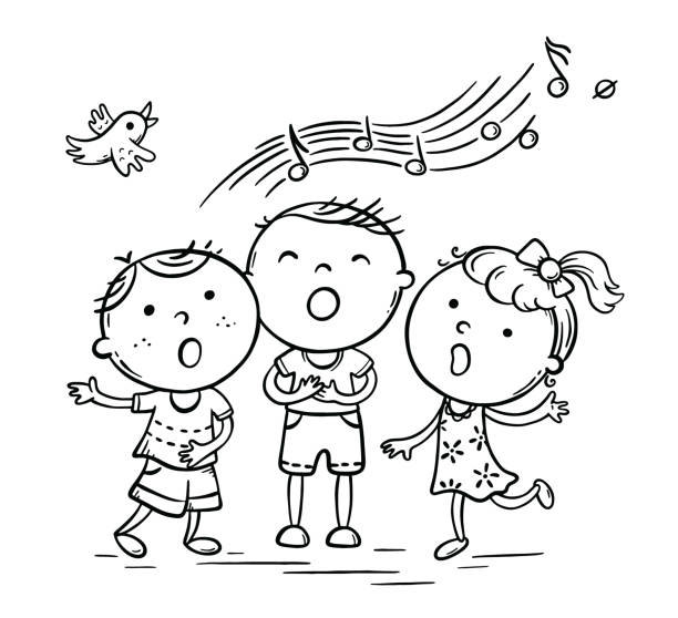 Kids singing together, variant with cartoon hands vector art illustration