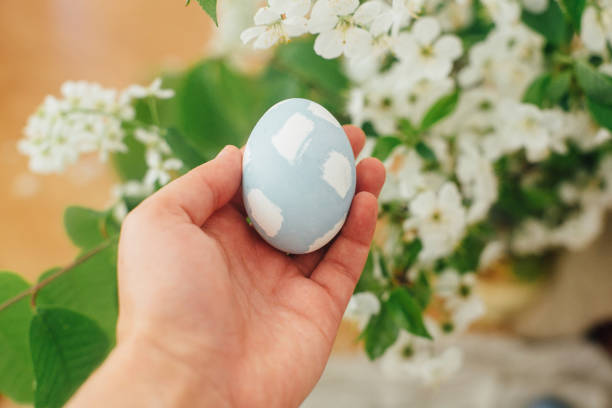 istock Happy Easter. Hand holding modern Easter egg on background of blooming cherry blossom flowers on rustic table. Stylish pastel blue Easter egg painted in natural dye from red cabbage. 1210814450