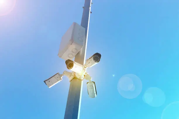 Security system cameras on a blue sky background