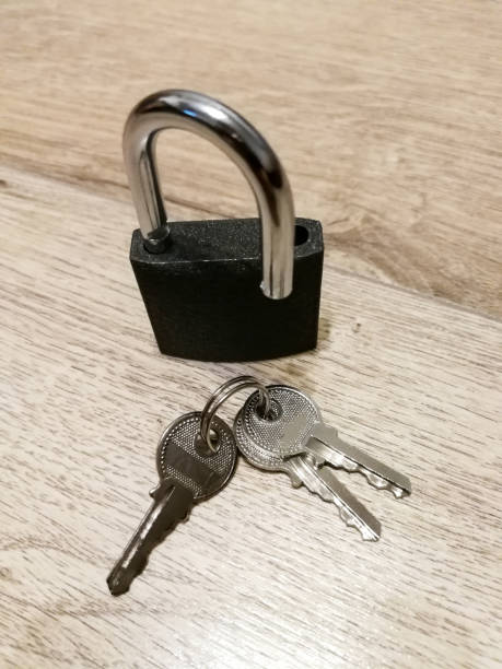 istock Metal padlock on the wooden floor 1210815680