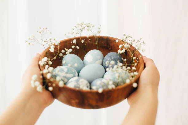 istock Happy Easter greetings. Hands holding wooden bowl with modern Easter eggs in spring flowers on white background. Stylish pastel blue Easter eggs painted in natural dye from red cabbage. 1210816391