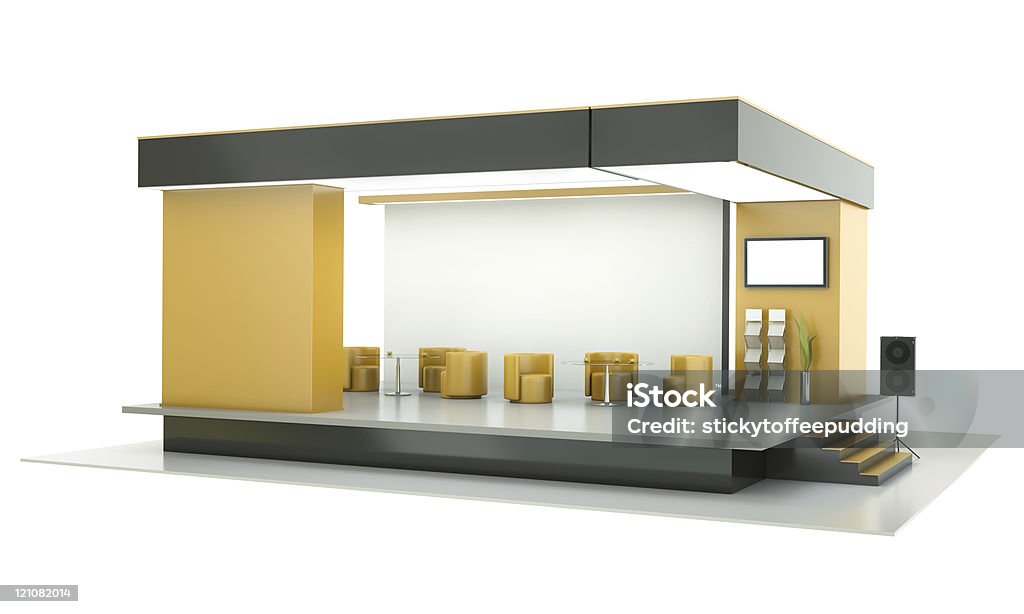 Digital image of an exhibition booth on a white background Empty exhibition stand, trade show booth with armchairs, screens and lighting equipment. 3D rendered illustration. Kiosk Stock Photo