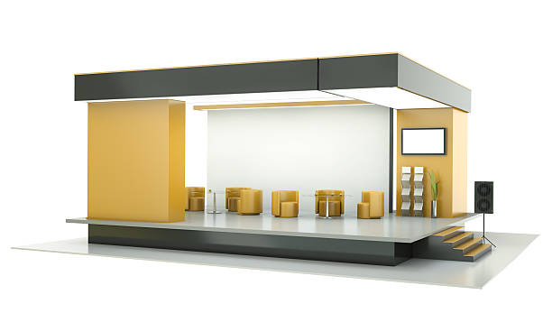 Digital image of an exhibition booth on a white background Empty exhibition stand, trade show booth with armchairs, screens and lighting equipment. 3D rendered illustration. kiosk photos stock pictures, royalty-free photos & images