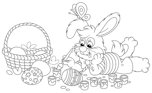 Cute little rabbit coloring beautiful holiday gifts with bright and colorful paints and an art paintbrush, vector cartoon illustration on a white background