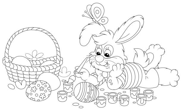 Happy little bunny painting ornate Easter eggs Cute little rabbit coloring beautiful holiday gifts with bright and colorful paints and an art paintbrush, vector cartoon illustration on a white background easter egg coloring stock illustrations