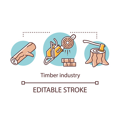 Timber industry concept icon. Logging. Forestry sector. Wood production. Firewood. Log, chainsaw, ax in stump idea thin line illustration. Vector isolated outline drawing. Editable stroke
