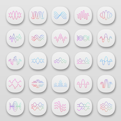 Sound and audio waves app icons set. UI/UX user interface. Music digital soundwaves. Voice recording, radio signals. Noise amplitudes level. Web or mobile applications. Vector isolated illustrations