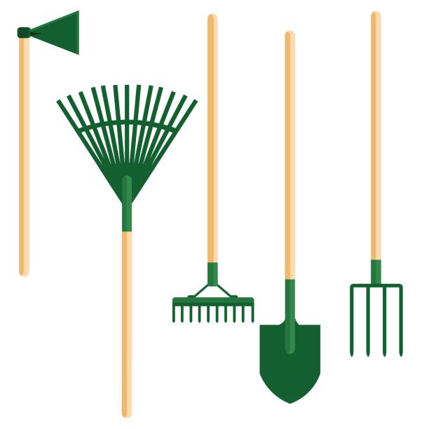 istock Set of gardening tools. Shovel, pitchfork, rake, broom, chopper. Stock vector illustration for decoration and design, web pages, packaging, fabrics, cards, posters, banners, textiles and more. 1210822780