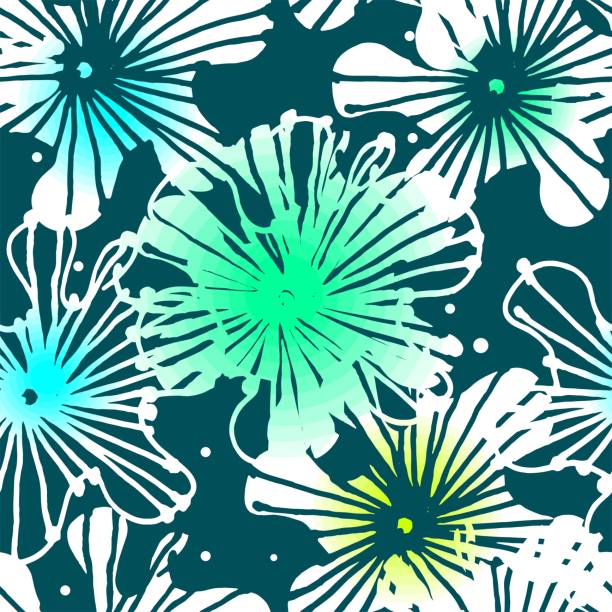 Mallow flowers hand-drawn Mallow flowers hand-drawn in marin green and white a seamless pattern on a green background. rosa chinensis stock illustrations