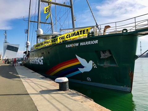 Burgas, Bulgaria - June 6, 2019: Greenpeace Rainbow Warrior sailing ship at the Port of Burgas, Bulgaria. Greenpeace is a non-governmental environmental organization with offices in over 39 countries.