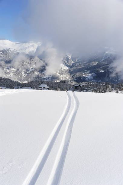 pista da sci con traccia sciistica - ski trace foto e immagini stock