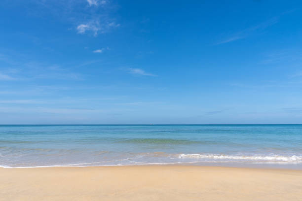 istock Ocean view and white sand beach with blue sky and a tiny wave background 1210827958