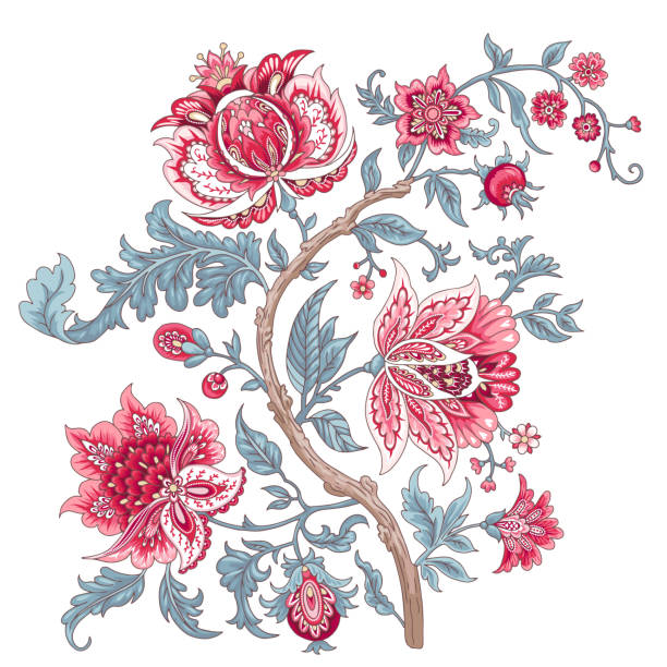 ilustrações de stock, clip art, desenhos animados e ícones de beautiful vintage branch with decorative flowers - baroque style wallpaper pink retro revival