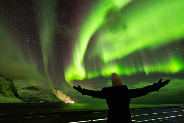 istock Woman with hands raised with Aurora in background 1210836062