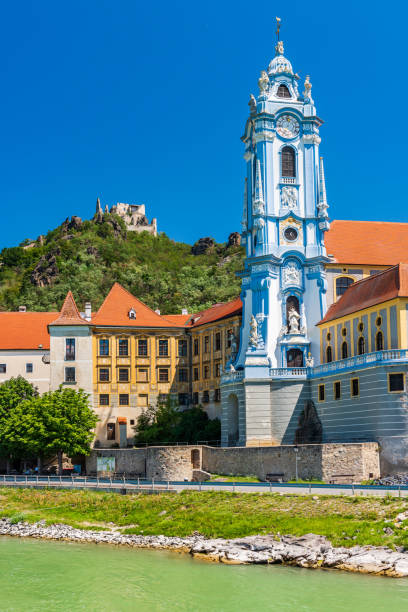 Campanile of Mariahimmelfahrt church in Durnstein in the Wachau Valley, one of the Unesco Heritage Sites of Austria
