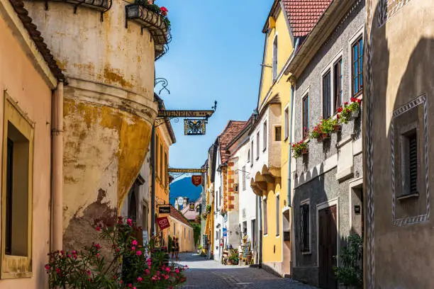 DURNSTEIN, AUSTRIA - 26 JULY, 2019: Main street in the village of Durnstein, situated in the heart of Wachau, an Unesco World Heritage Site