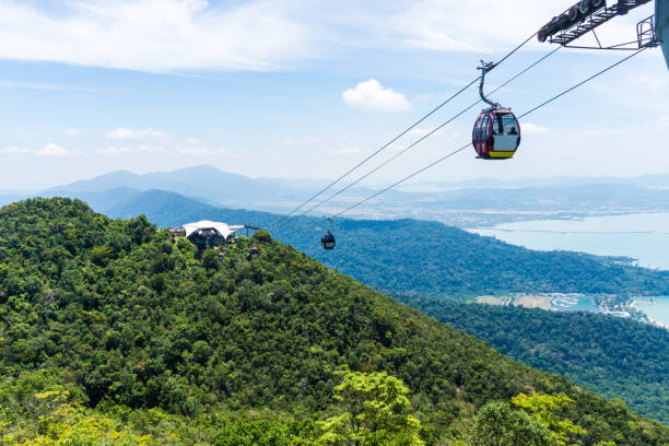 cable car sur l’île tropicale, langkawi, malaisie, asie - tropical rainforest elevated walkway pulau langkawi malaysia photos et images de collection