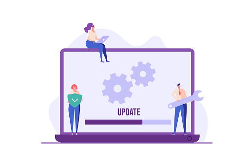 People updating operation system with progress bar. Software upgrade and installation program. Concept of system update, integration, software installation. Vector illustration for UI, mobile app