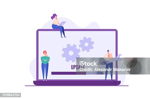istock People updating operation system with progress bar. Software upgrade and installation program. Concept of system update, integration, software installation. Vector illustration for UI, mobile app 1210842754