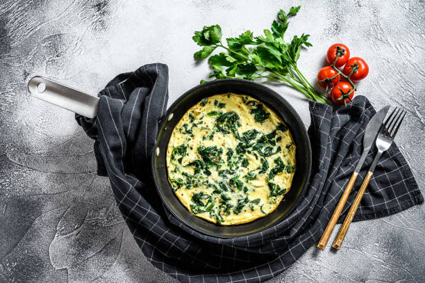 istock Spinach cheese frittata in a pan. Gray background. Top view 1210842941