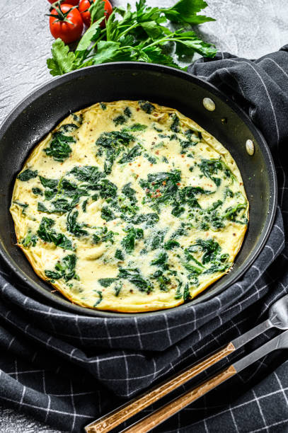 istock Spinach cheese frittata in a pan. Gray background. Top view 1210842981
