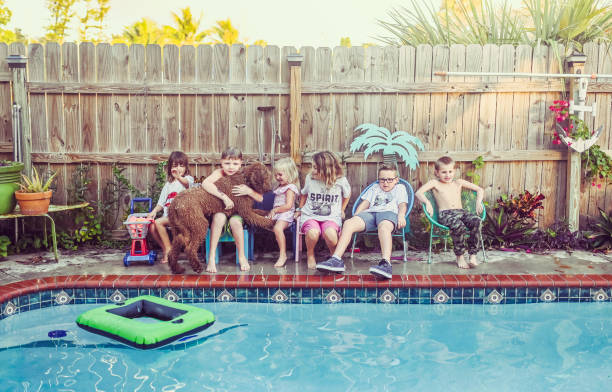 gran grupo de niños de diferentes edades se sentan junto a una piscina actuando tonto - cousin fotografías e imágenes de stock