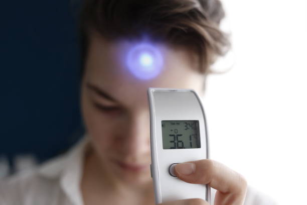 Woman measuring temperature stock photo
