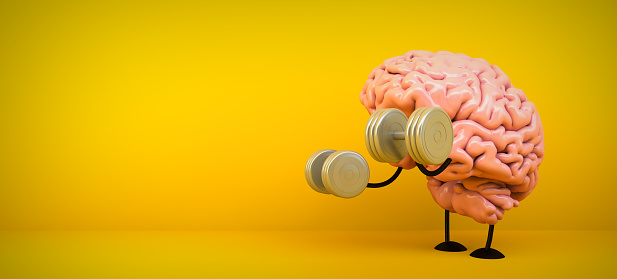brain training on yellow background 3d rendering