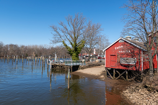 Burlington, NJ - USA - March 4, 2020: A scenic view of the Curtin Marina on the Delaware River in Burlington New Jersey.