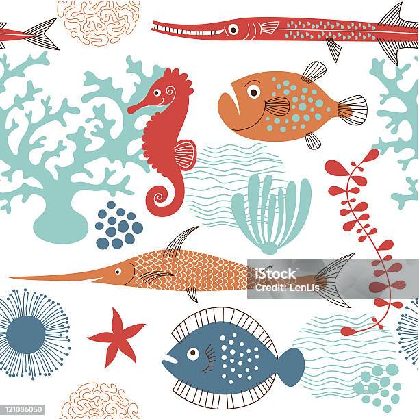 Seamless Pattern With Sea Life — стоковая векторная графика и другие изображения на тему Бесшовный узор - Бесшовный узор, Векторная графика, Вода