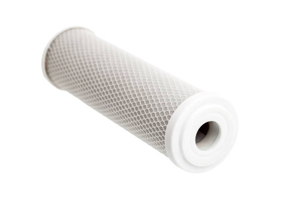 istock carbon filter for water purification with a mesh structure of fishing line, replaceable cartridge for drinking water purification system lying on its side on white background. 1210860909