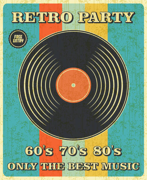 ilustrações, clipart, desenhos animados e ícones de retro music e vintage vinyl record poster em estilo retro desigh. festa disco 60, 70, 80. - mixing abstract circle multi colored