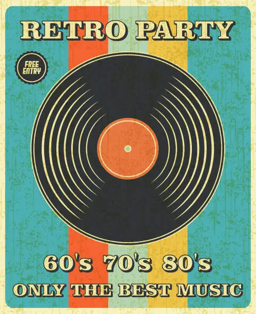 Vector illustration of Retro Music and Vintage Vinyl Record Poster in Retro Desigh Style. Disco Party 60s, 70s, 80s.