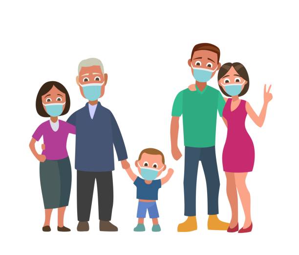 familie in blauen medizinischen masken. farbe flache vektor-illustration - reagenzgläser bunt stock-grafiken, -clipart, -cartoons und -symbole