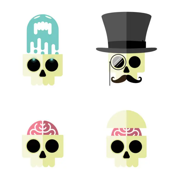 Vector illustration of Cartoon Human Skull Flat Vector Icon Set of Four