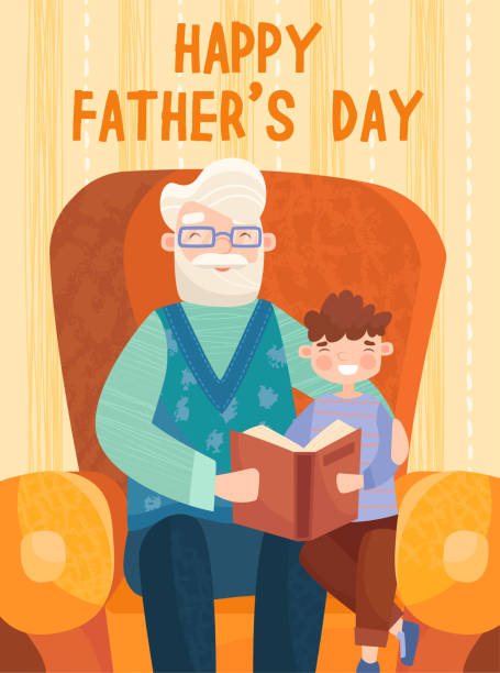Grandson with his grandfather postcard concept Grandson with his grandfather sitting in cozy armchair and reading book together. Happy Fathers Day postcard concept father son grandfather fathers day stock illustrations