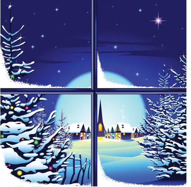 Vector illustration of Magical Christmas village snow scene through a window