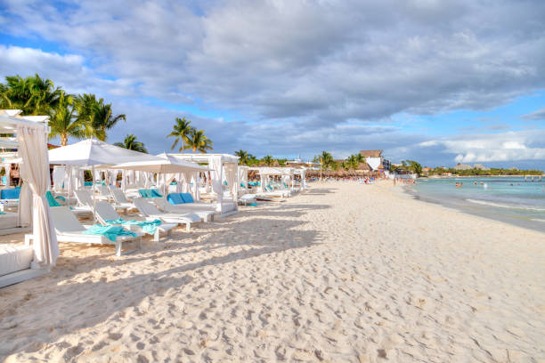 istock Chairs and Beds on Sunny and Sandy Tropical Beach in Caribbean 1210868636