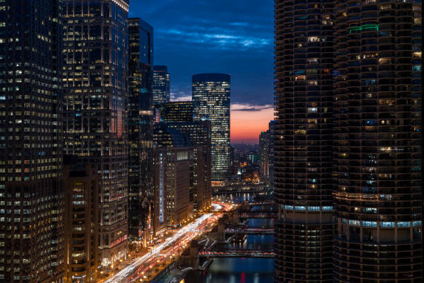 istock Chicago Riverwalk Aerial View at Dusk 1210877497