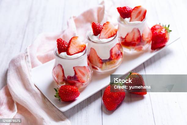 Dessert With Strawberries And Whipped Cream Stock Photo - Download Image Now - Strawberry, Tiramisu, Sweet Food