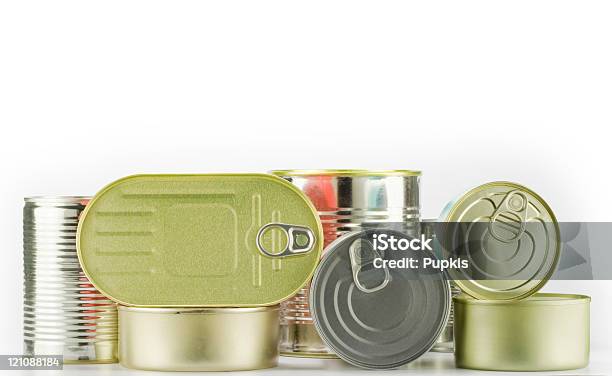 Various Kinds Of Cans Against White Background Stock Photo - Download Image Now - Aluminum, Blank, Bright