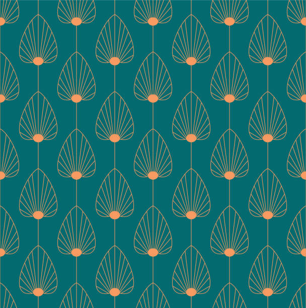 ilustrações de stock, clip art, desenhos animados e ícones de vintage elegant art deco style seamless pattern with copper floral/fan shape motifs on dark green background. orange and teal colored art deco repeat vector pattern. - floral pattern retro revival old fashioned flower