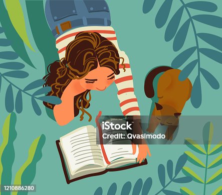 istock Young girl with cat in the garden. Girl reads a book. Nature landscape background. Summer holidays illustration. Vacation time 1210886280