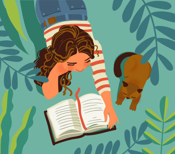 Young girl with cat in the garden. Girl reads a book. Nature landscape background. Summer holidays illustration. Vacation time Young girl with cat in the garden. Girl reads a book. Nature landscape background. Summer holidays illustration. Vacation time reading stock illustrations