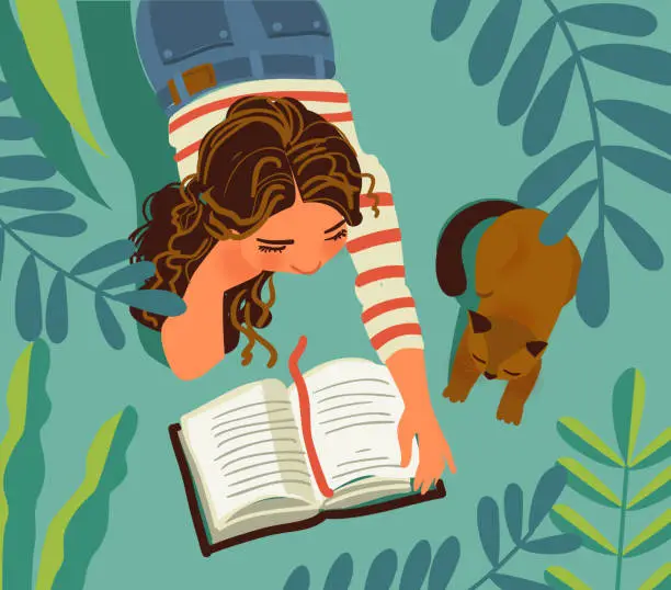 Vector illustration of Young girl with cat in the garden. Girl reads a book. Nature landscape background. Summer holidays illustration. Vacation time