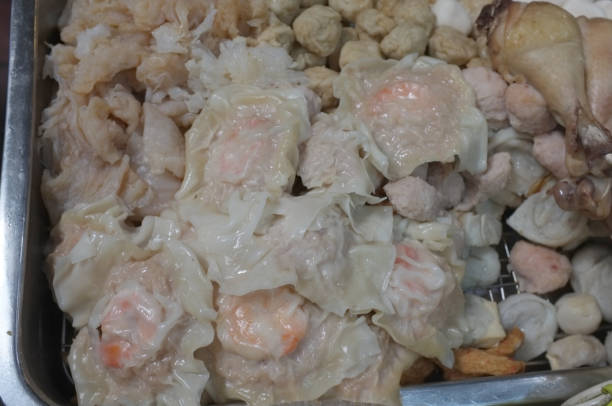 istock Prawn wonton raw and meat ball at Thai noodle restaurant 1210886973