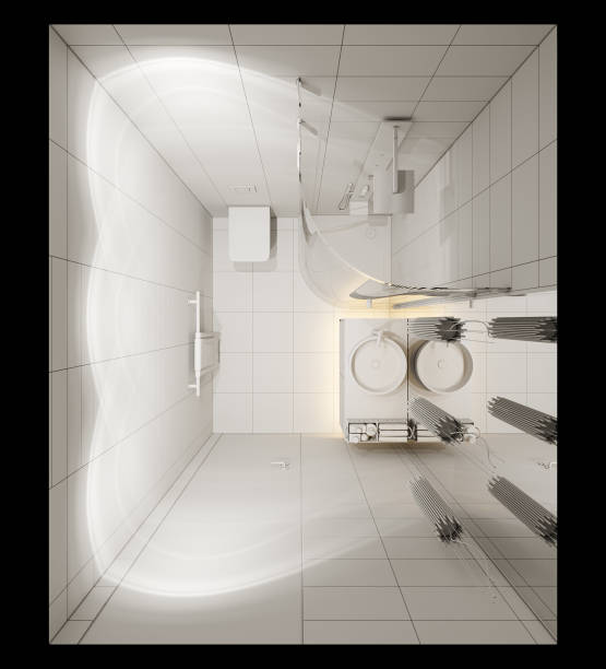 istock 3d render interior design of the bathroom with a corner shower in top view 1210887863