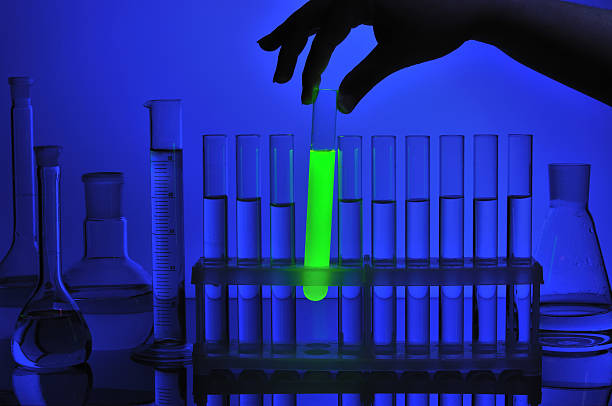 Hand taking the test tube with fluorescence liquid from support stock photo